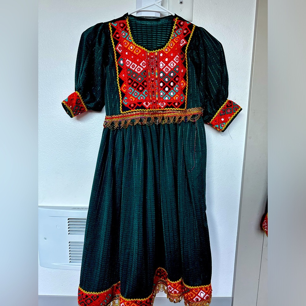 Green and red color dress for 8 years old